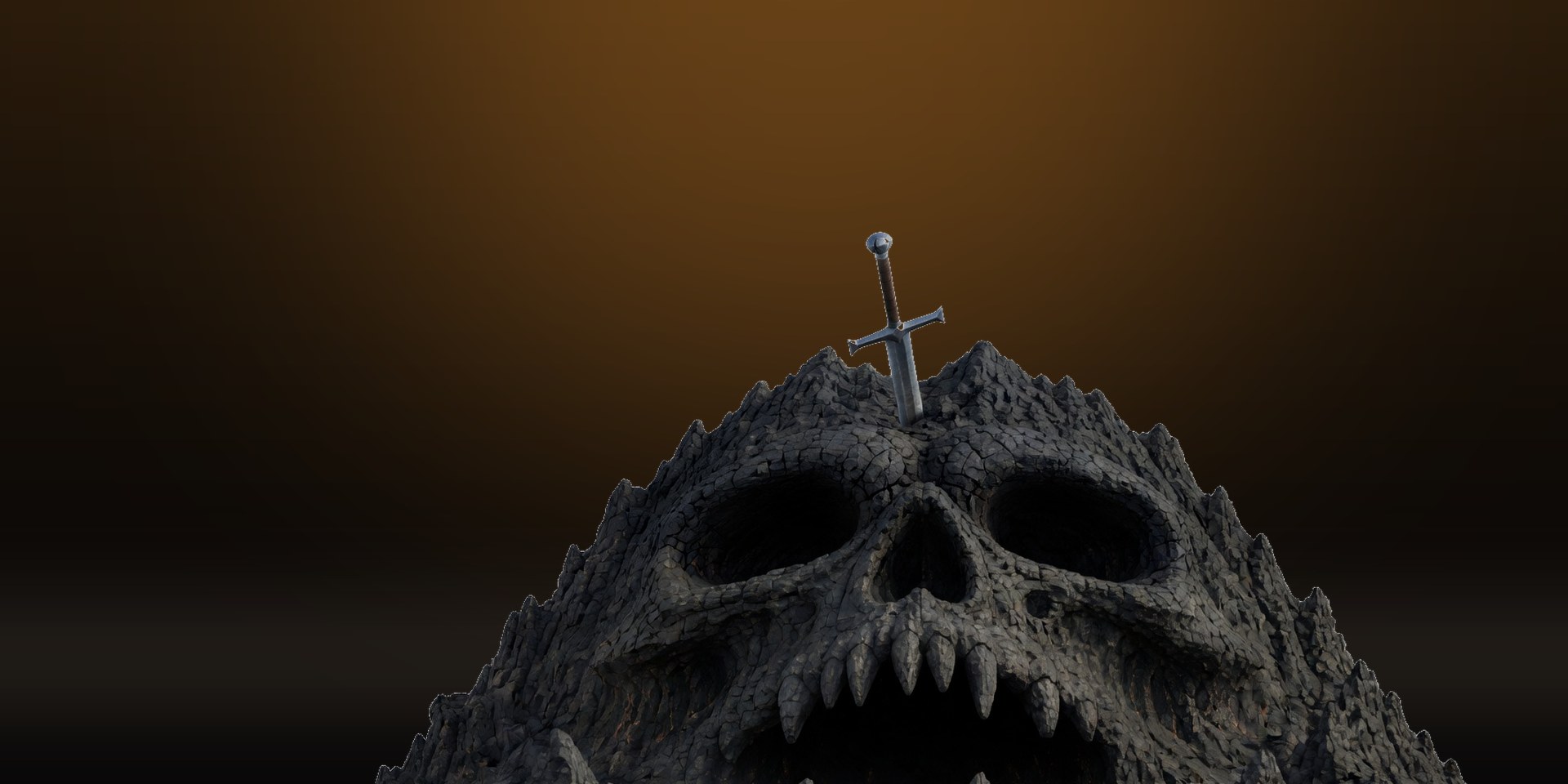 The Maw: a skull-shaped cave mouth with a sword planted in its crown, fog across the rocks below