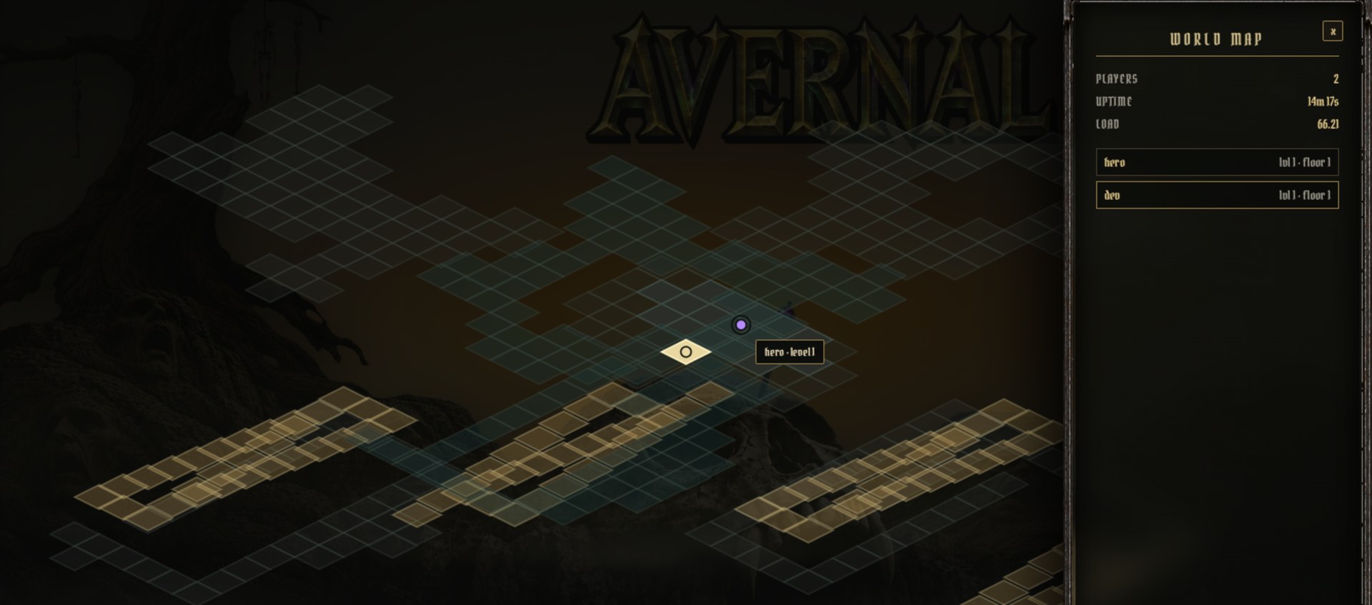 World map showing explored floor tiles and a hero marker