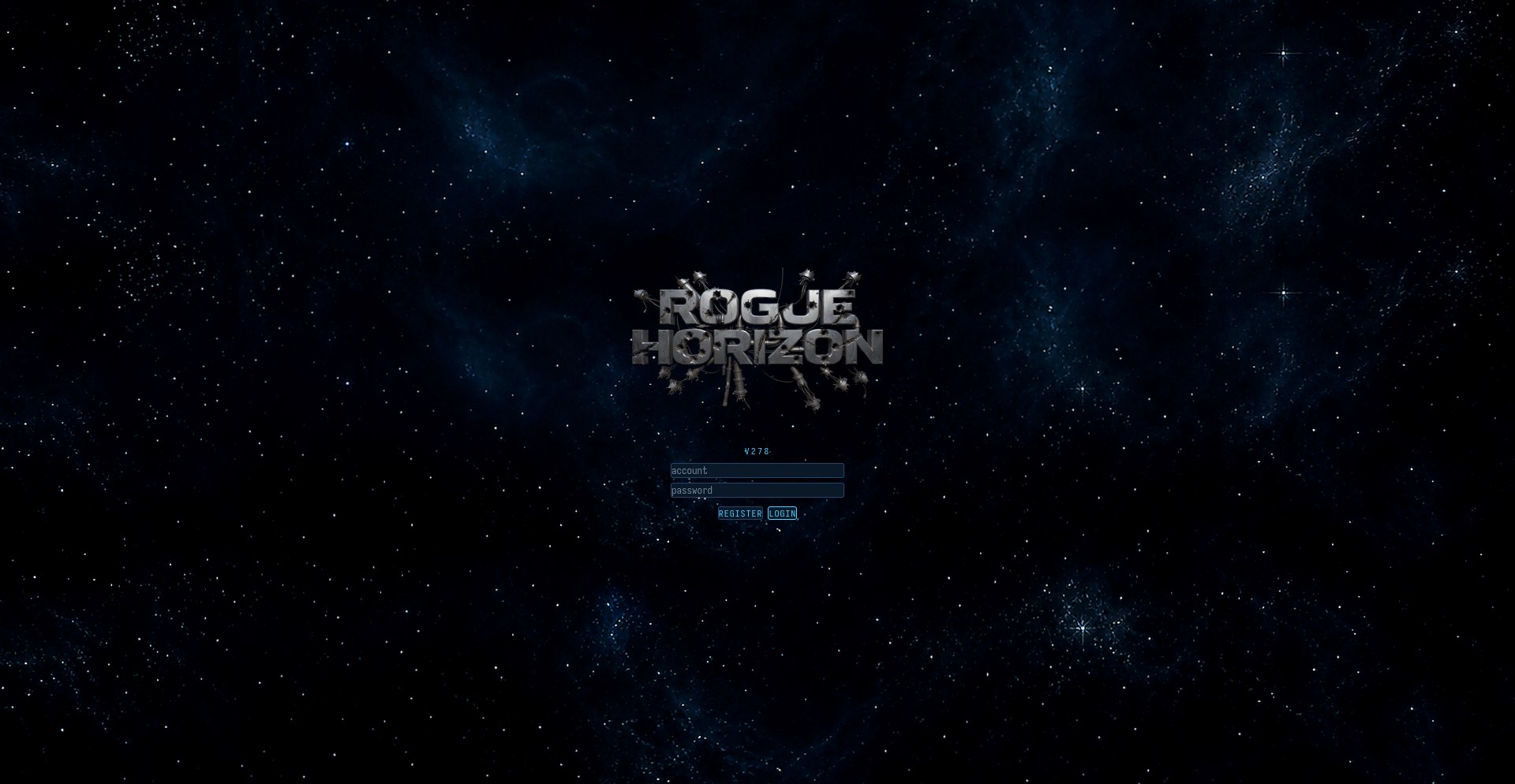The RogueHorizon start screen: the build's own wordmark over its sky, login fields under it